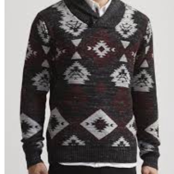 Mens TRASH NOUVEAU Aztec Tribal Black Gray Burgundy Toggle Shawl Neck Sweater M - Picture 4 of 16
